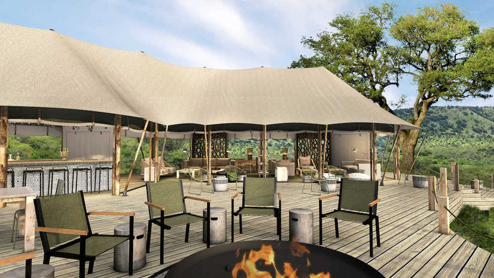 Magashi Camp deck overlooking the lake with open-air fire pit concept